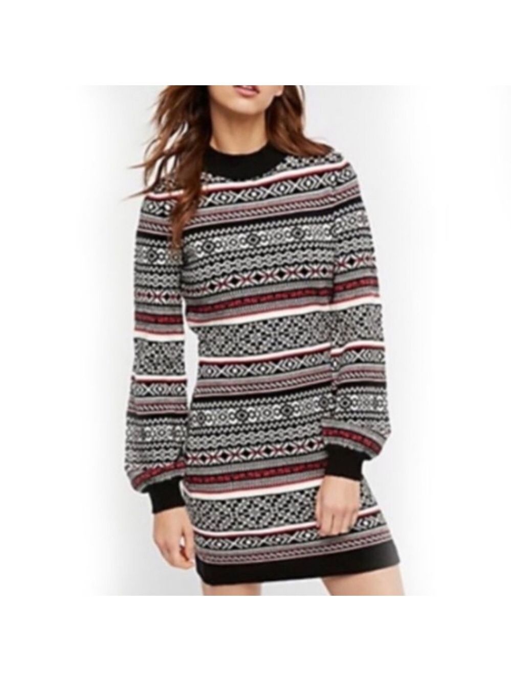 Free People Faero Balloon Sleeve Fair Isle Sweater Knit Mini Dress, Size M
